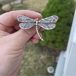 Vintage Liz Claiborne Dragonfly Brooch Enamel Wings in Silver Tone 2inches  EUC